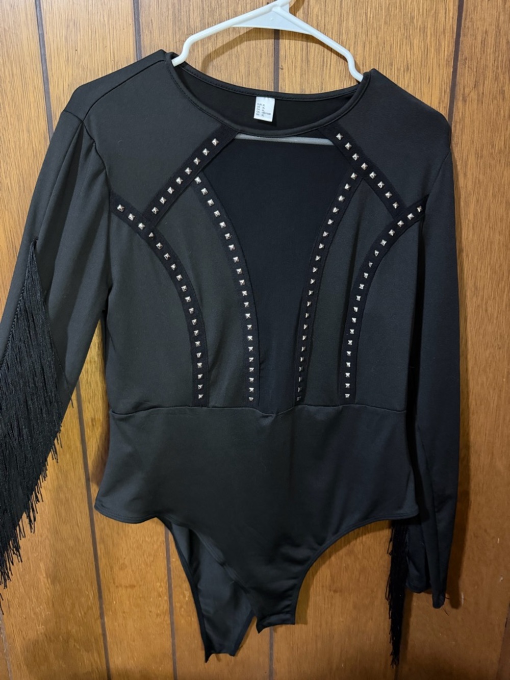 Amazon Black Studded Long Sleeve Fringe Bodysuit